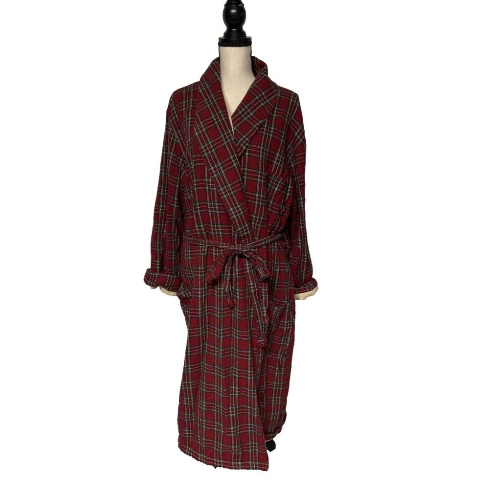 L.L. Bean Red Plaid Cotton Flannel Fleece Lined Robe Adult Size XXL